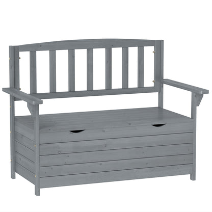 Outdoor 2 Seater Garden Bench, Wooden Bench with Storage, Backrest, Arm Rests, 112 x 84 x 58 cm, Grey