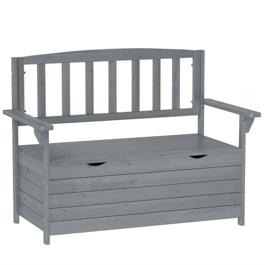 Outdoor 2 Seater Garden Bench, Wooden Bench with Storage, Backrest, Arm Rests, 112 x 84 x 58 cm, Grey