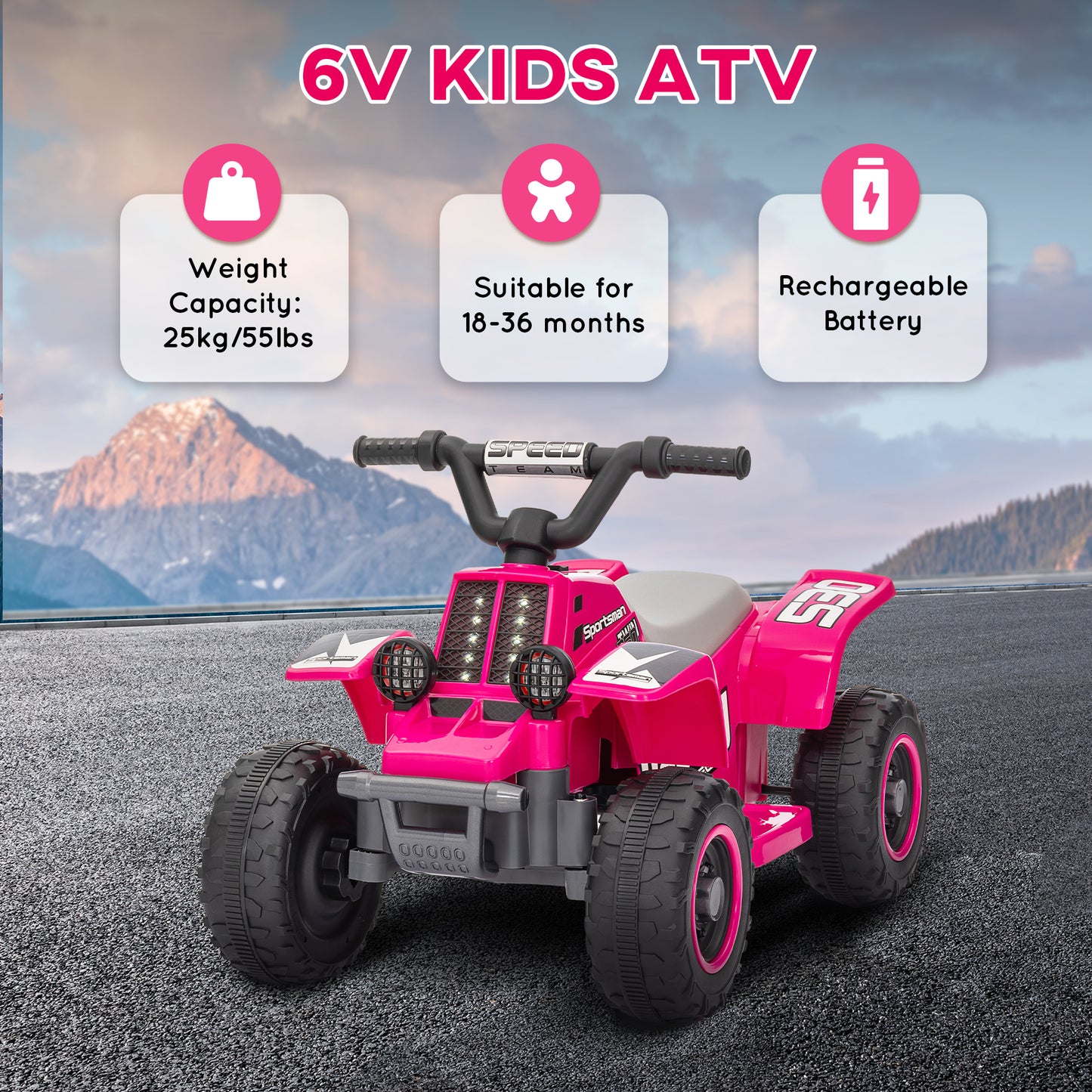 6V Electric Quad Bike for Kids, Ride On ATV w/ Forward/Reverse, Headlights, for Ages 18-36 Months, Pink