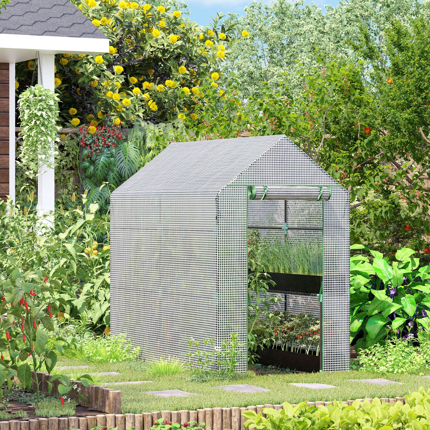 Walk In Greenhouse with 2-Tier Shelves, Roll up Zip Panel Door, Garden Polytunnel Steeple Grow House for Outdoor