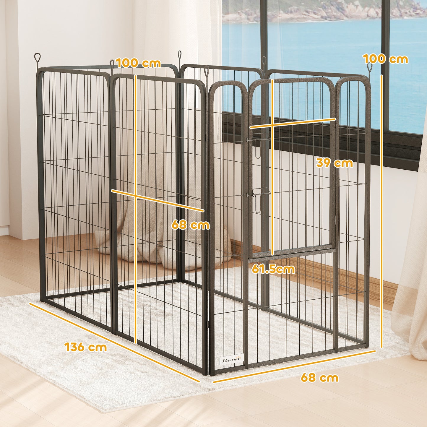Six-Panel Dog Playpen with Door, for Large Dogs, Indoors, Outdoors, 100cm Tall, Black