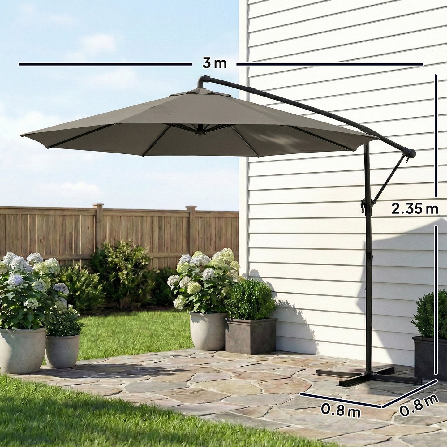 3 m Garden Cantilever Parasol with Cover, Round Overhanging Umbrella with 360° Rotation, Tilt, Grey