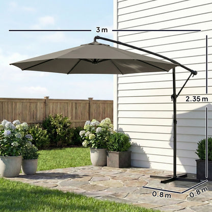 3 m Garden Cantilever Parasol with Cover, Round Overhanging Umbrella with 360° Rotation, Tilt, Grey
