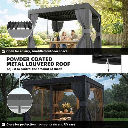 3 x 3 m Louvered Pergola with Adjustable Metal Louvred Roof, Aluminium Patio Gazebo with Netting and Curtains, Dark Grey