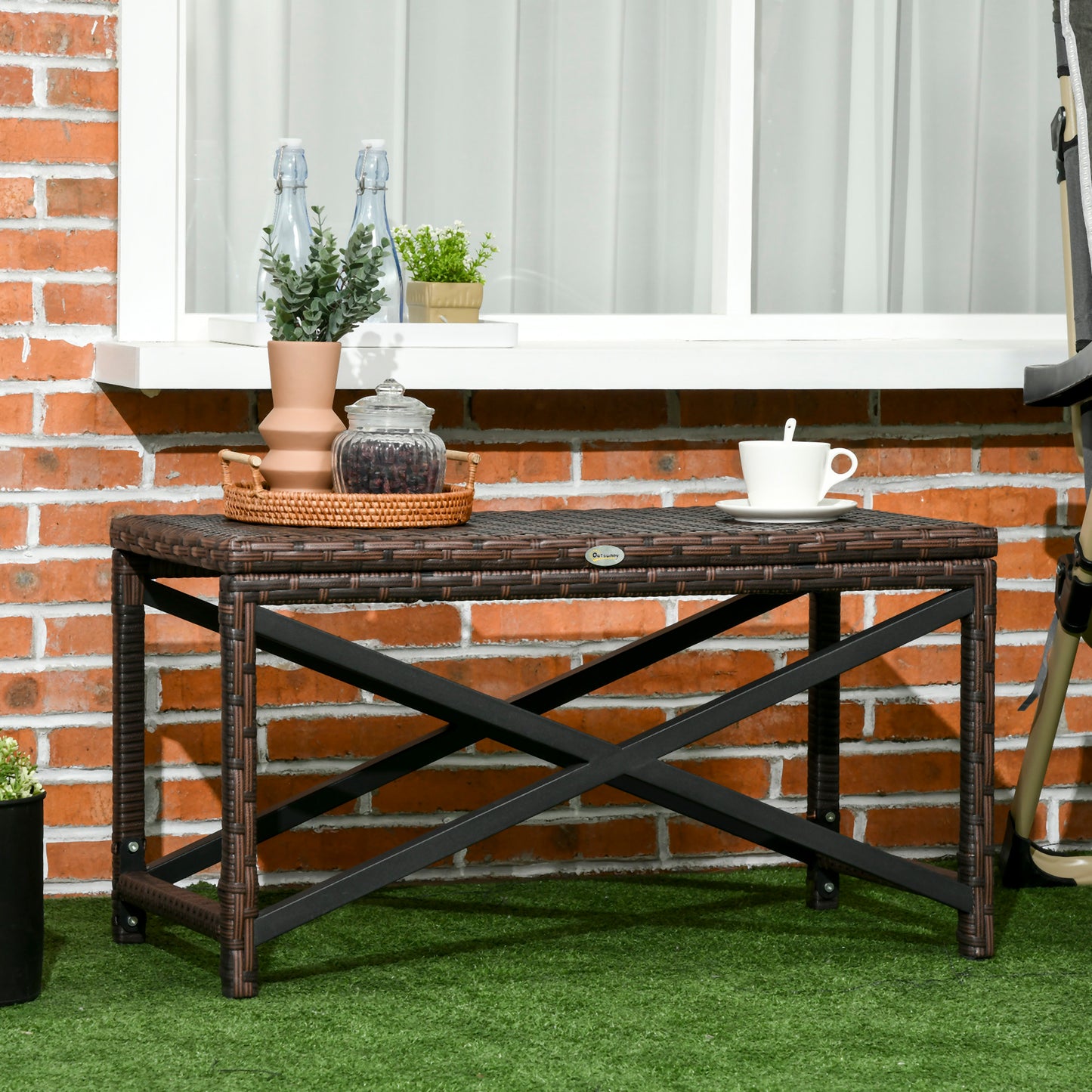 PE Rattan Garden Side Table, Outdoor Coffee Table with X-Shape Frame, Mixed Brown