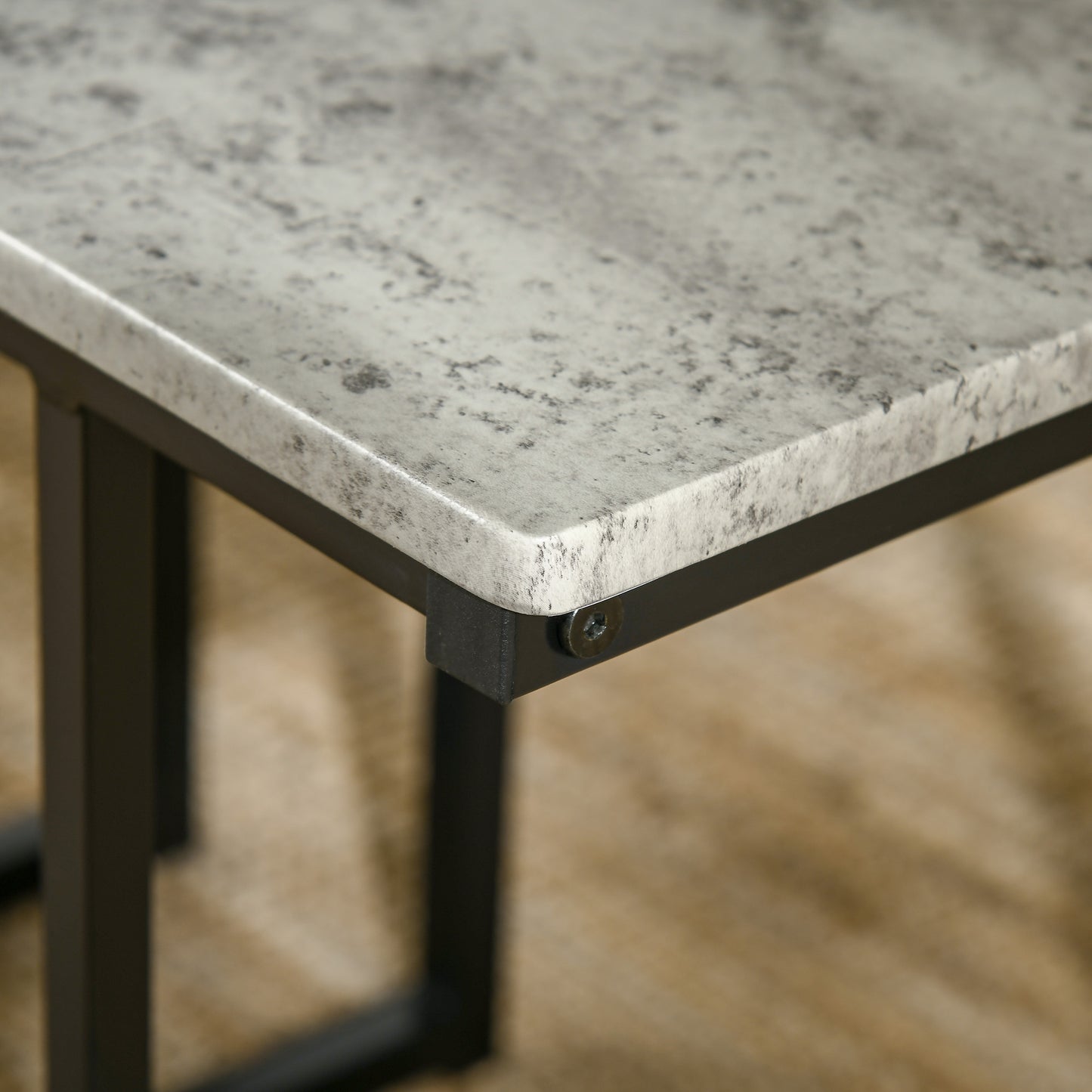Dining Table and Chairs Set for 4 People, Concrete Effect Kitchen Table and Bench Set with Steel Frame