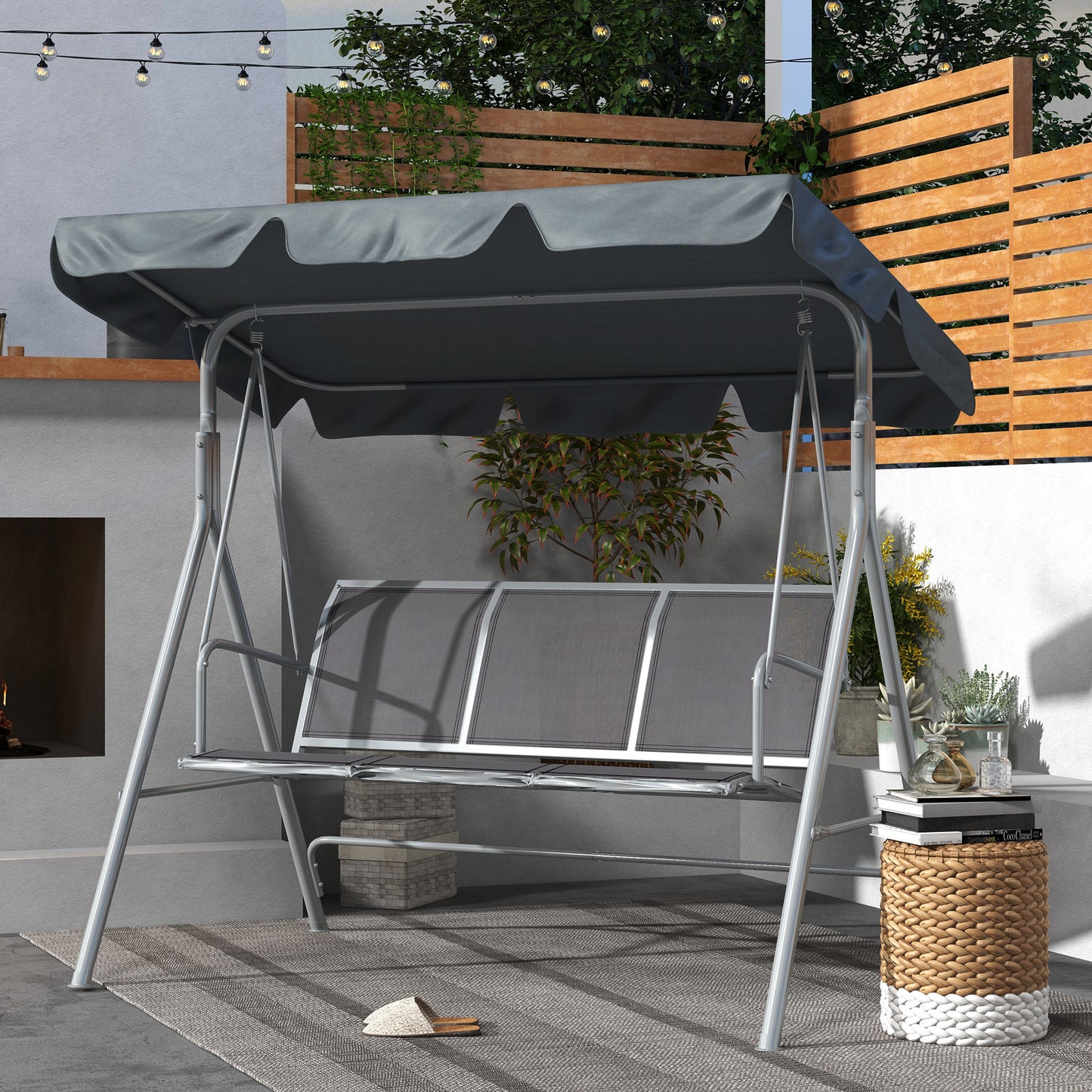 3 Seater Swing Chair, Garden Swing Bench with Adjustable Tilting Canopy