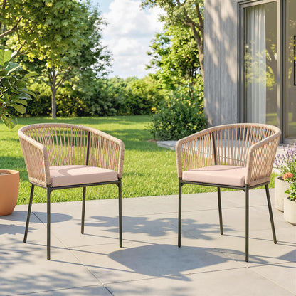 Garden Chairs Set of 2, Rattan Garden Dining Chairs with String Back Armrests, Cushions, Natural Wood Finish