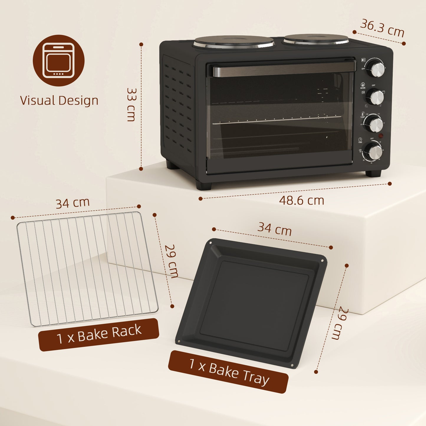 28L Toaster Oven with Double Hotplate, 1600W Countertop MIni Oven with 60 Minute Timer & 230°C Temp Control
