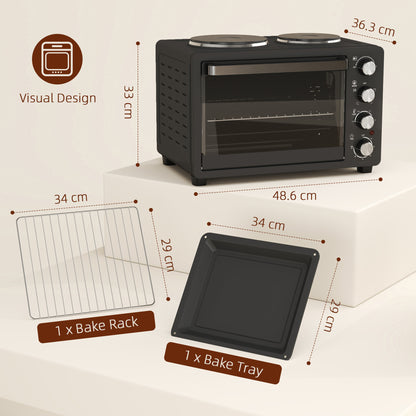 28L Toaster Oven with Double Hotplate, 1600W Countertop MIni Oven with 60 Minute Timer & 230°C Temp Control