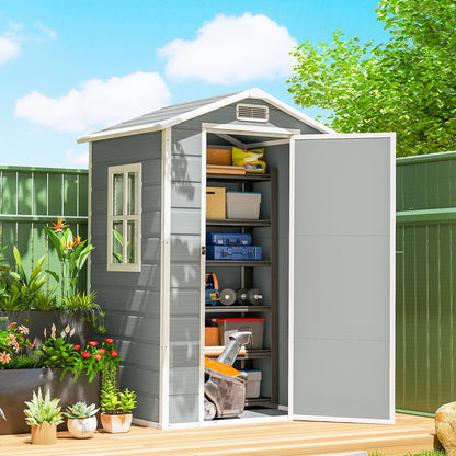 4 x 3 ft Plastic Garden Shed with Floor, Outdoor Storage Shed with Lockable Door, Window and Vent, Light Grey