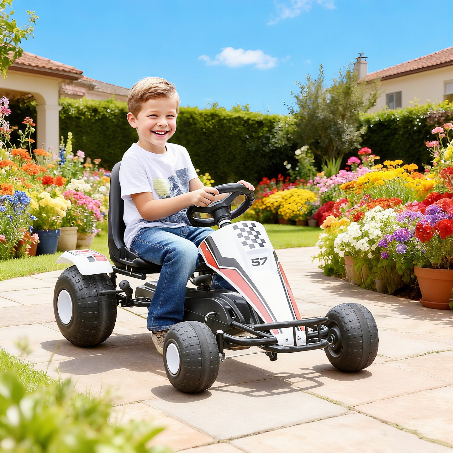 Kids Children Pedal Go Kart Manual Ride On Car w/ Brake Gears Steering Wheel Adjustable Seat 4 Smooth Wheels Racing-Style Whi