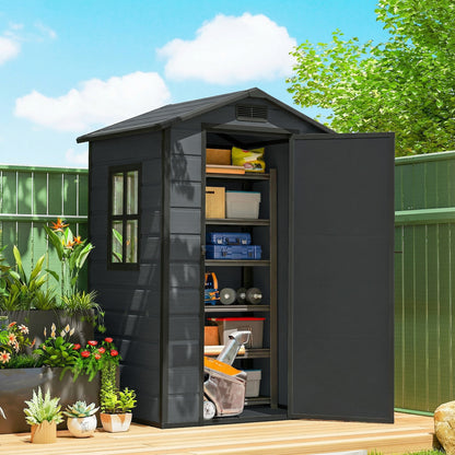 4 x 3 ft Plastic Garden Shed with Floor, Outdoor Storage Shed with Lockable Door, Window and Vent, Dark Grey