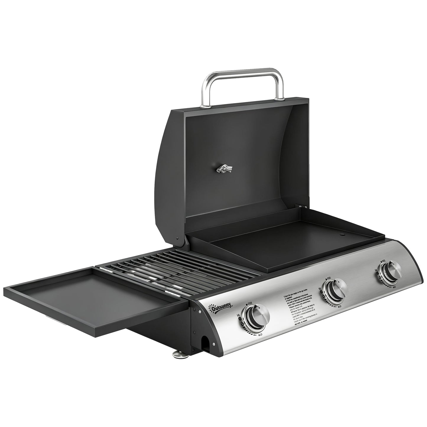 3 Burner Portable Gas Plancha BBQ Grill, 7.5 kW Outdoor Tabletop Gas Barbecue Grill with Griddle, Thermometer,, Black