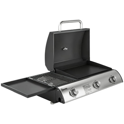 3 Burner Portable Gas Plancha BBQ Grill, 7.5 kW Outdoor Tabletop Gas Barbecue Grill with Griddle, Thermometer,, Black