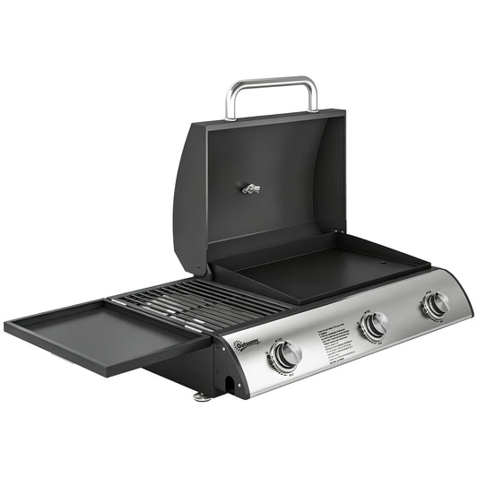 3 Burner Portable Gas Plancha BBQ Grill, 7.5 kW Outdoor Tabletop Gas Barbecue Grill with Griddle, Thermometer,, Black