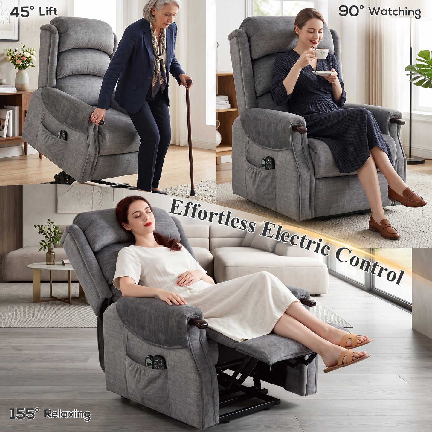 Power Lift Recliner with Vibration Massage and Heat, Lift Chair for Tall with Wood Grip, Pocket Spring, Light Grey