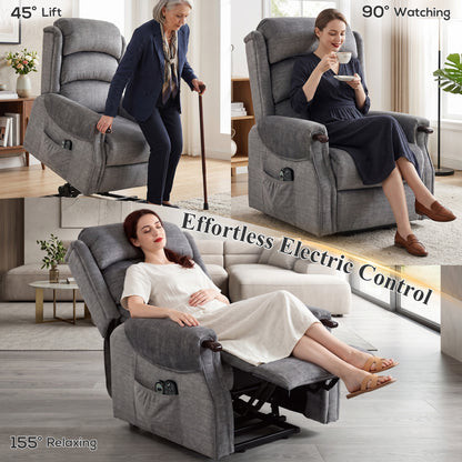 Power Lift Recliner with Vibration Massage and Heat, Lift Chair for Tall with Wood Grip, Pocket Spring, Light Grey