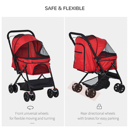 Pet Stroller Pushchair Foldable Travel Dog Cat Carriage w/ Reversible Handle Brake Basket