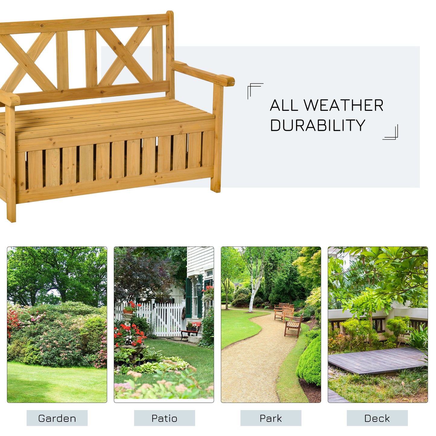 2-Seater Garden Storage Bench for Patio Wood Porch Decor Outdoor Seating