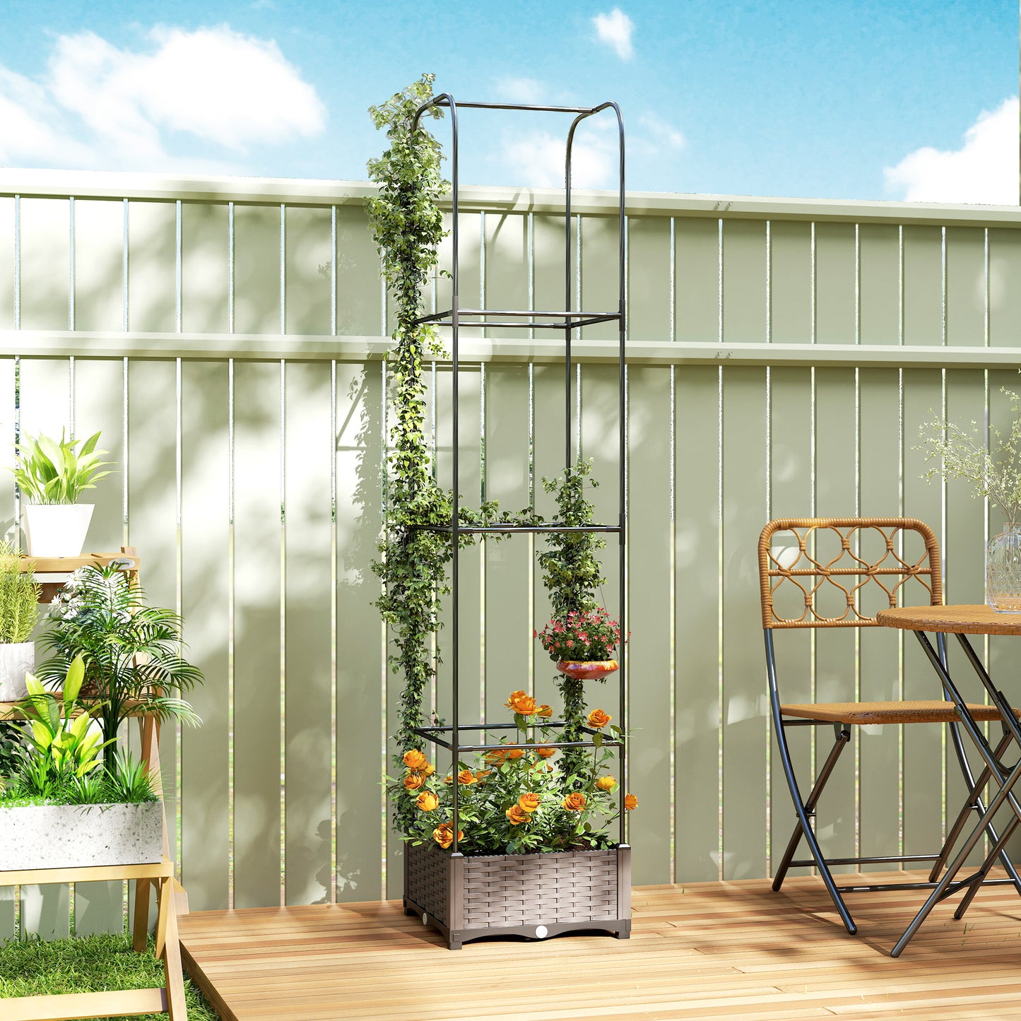 Raised Garden Bed with Trellis, Plastic Planter Box with Drainage Holes, Drain Plugs and Water Reservoirs