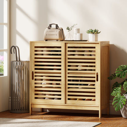 Bamboo Shoe Cabinet with 2 Sliding Slat Doors, 16Pairs, Adjustable Shelves, Natural