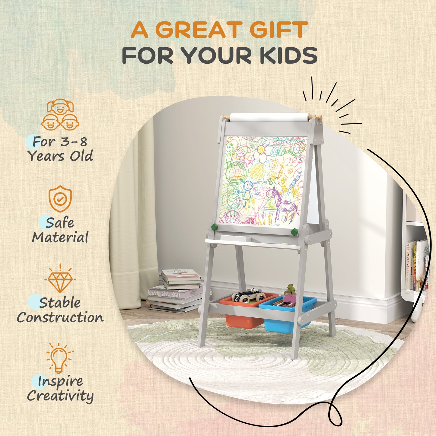 Art Easel for Kids with Paper Roll, Double-Sided Painting Easel with Chalkboard, Whiteboard