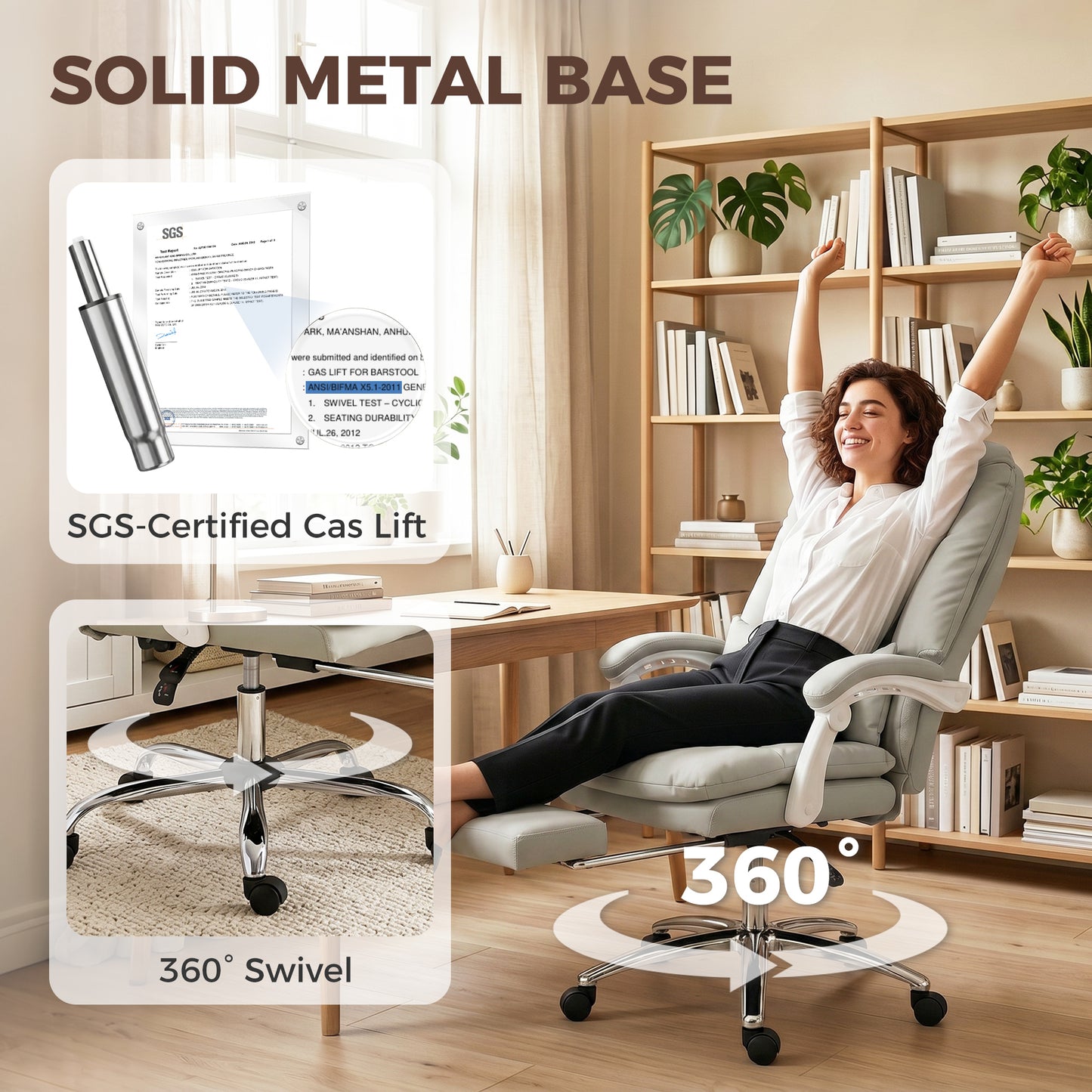 Ergonomic Executive Office Chair, Reclining Desk Chair with Lumbar Support, Footrest, Plush Thick Cushion, Khaki