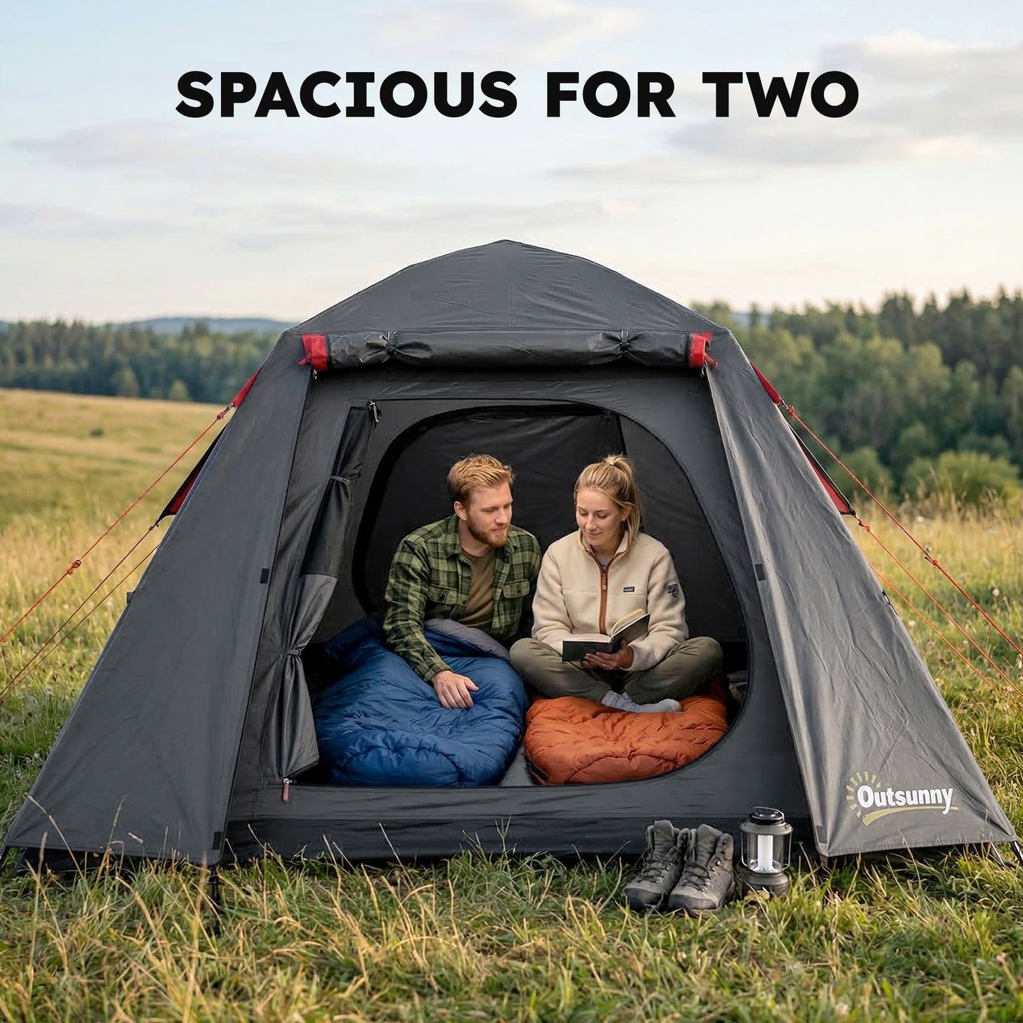 Camping Tent 3000mm Waterproof Tent with 2 Doors, Dark Grey and Red