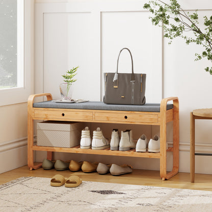 Shoe Bench with 2 Drawers Cushioned Seat Shoe Storage Bench for Hallway 105 cm Natural and Grey