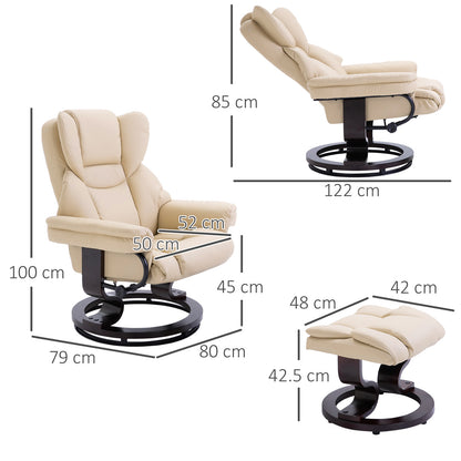 360° Swivel Recliner Chair with Footstool, PU Leather Manual Recliner Armchair with Footstool, Solid Wood Base