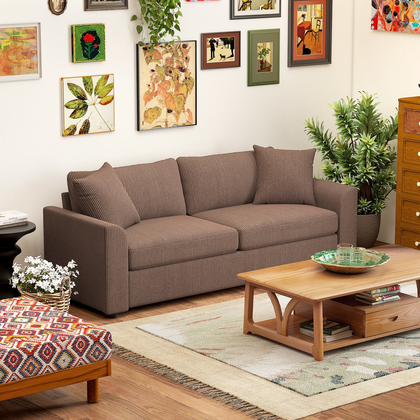 3 Seater Sofa, 212cm Corduroy Couch with Spring Cushion, Wide and Deep Seat, Plush Backrest, 2 Pillows
