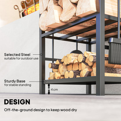 Metal Firewood Log Holder 2 Layer Firewood Rack Indoor Outdoor Fireplace Wood Storage Shelf with 4 Tools and Hooks, Black