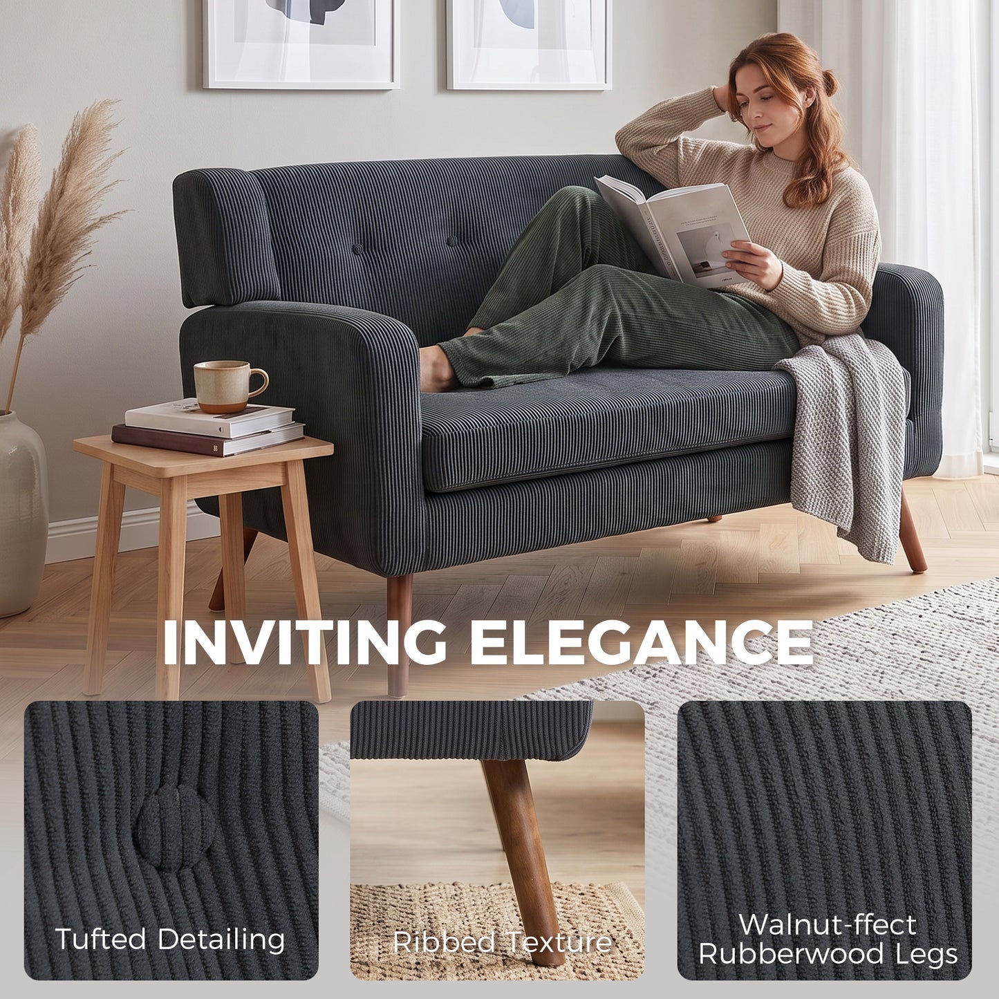 2 Seater Sofa, 118 cm Corduroy Small Loveseat with Spring Cushion, Wood Legs for Small Space, Living Room, Dark Grey