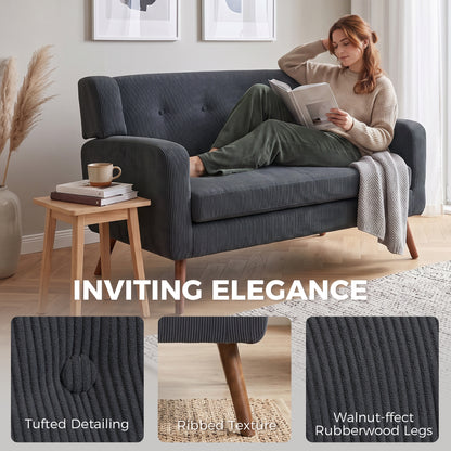 2 Seater Sofa, 118 cm Corduroy Small Loveseat with Spring Cushion, Wood Legs for Small Space, Living Room, Dark Grey