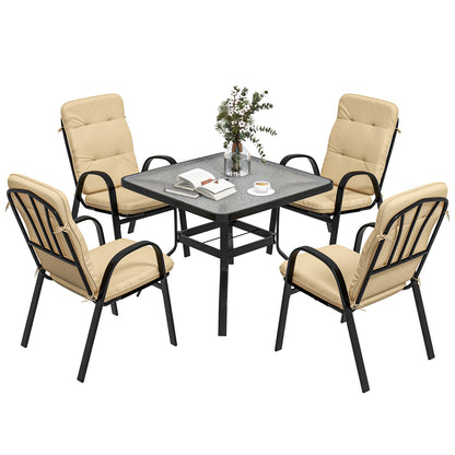 5 Pieces Outdoor Square Garden Dining Set for Small Garden with Tempered Glass Dining Table 4 Cushioned Armchairs
