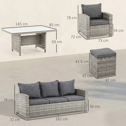 6-Piece Wicker Rattan Garden Set, Aluminium Patio Wicker Dining Sets with Glass Top Table & Soft Cushion, Light Grey
