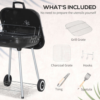 Portable BBQ Charcoal Grill with 2 Wheels and Cooking Utensils, Smoker Grill with Lid for Outdoor Barbecues, Camping, Picnic