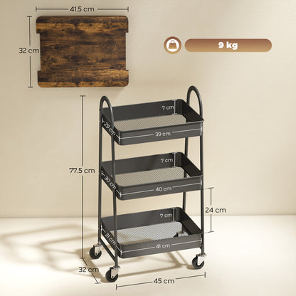3-Tier Kitchen Storage Trolley with on Wheels Cover Top Board - Rustic Brown and Black
