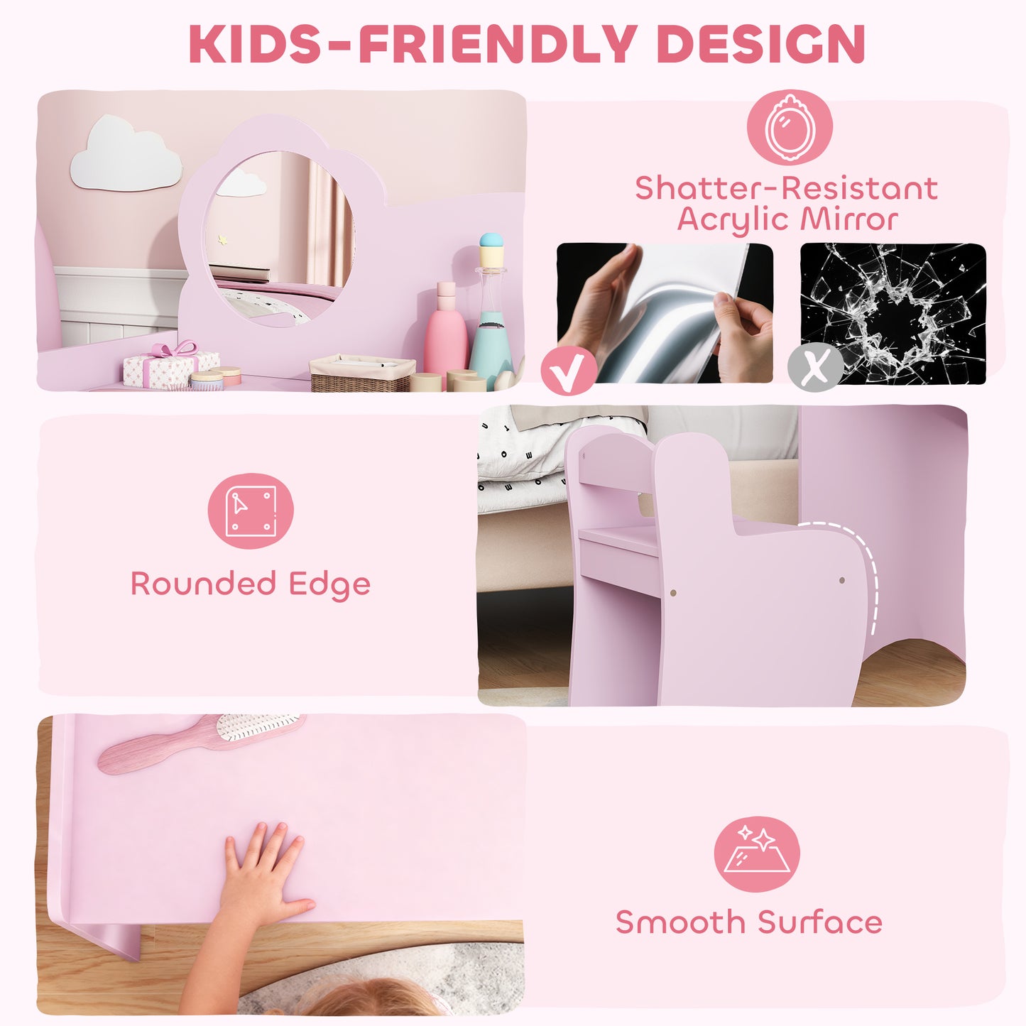 Kids Dressing Table with Mirror, Stool, Kids Vanity Table with Shelves, for Ages 3-8 Years, Purple