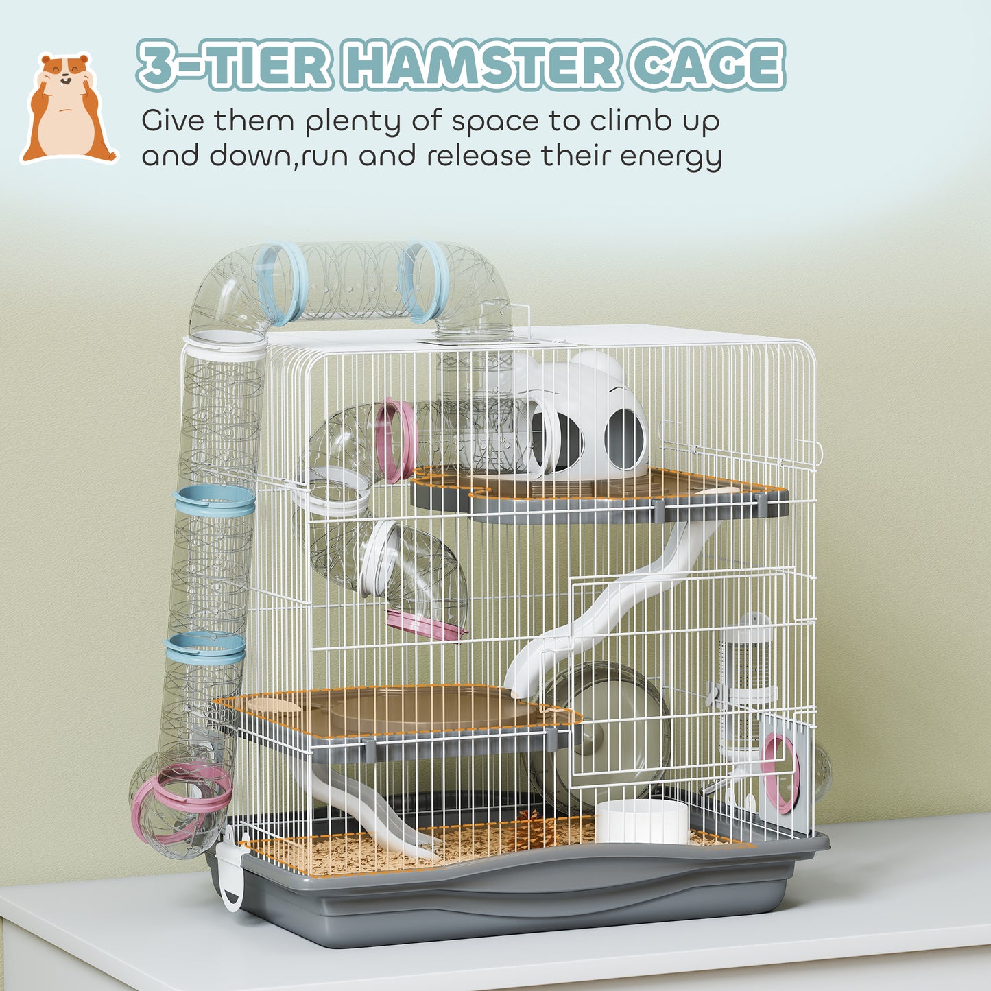 3-Tier Hamster Cage with Exercise Wheels, Water Bottle, Food Dish, for Dwarf Hamsters, 45 x 30 x 45 cm, Grey