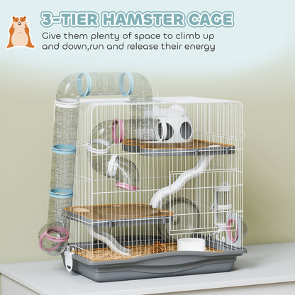3-Tier Hamster Cage with Exercise Wheels, Water Bottle, Food Dish, for Dwarf Hamsters, 45 x 30 x 45 cm, Grey