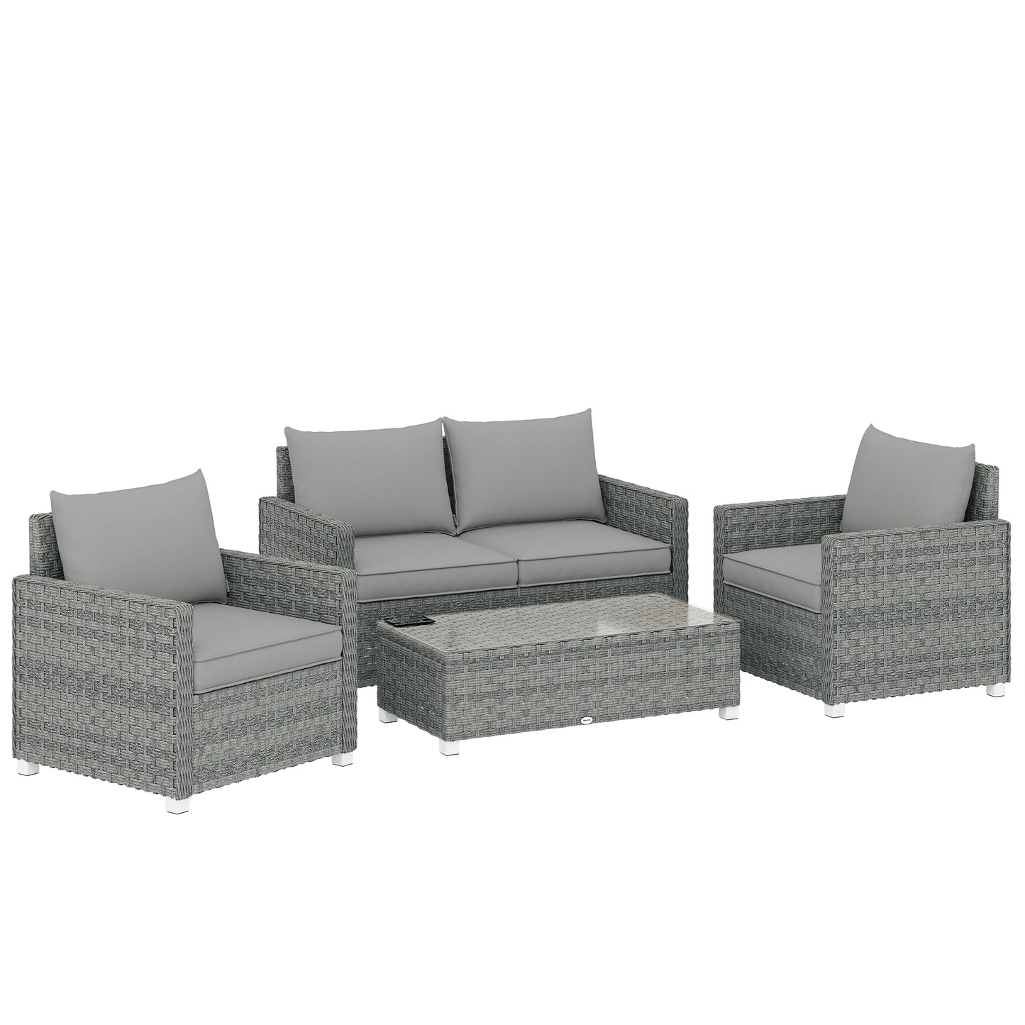 4 Piece Rattan Garden Furniture Set with Loveseat, 2 Armchairs, Glass-Top Table, Wicker Patio Conversation Set, Grey