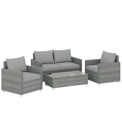 4 Piece Rattan Garden Furniture Set with Loveseat, 2 Armchairs, Glass-Top Table, Wicker Patio Conversation Set, Grey