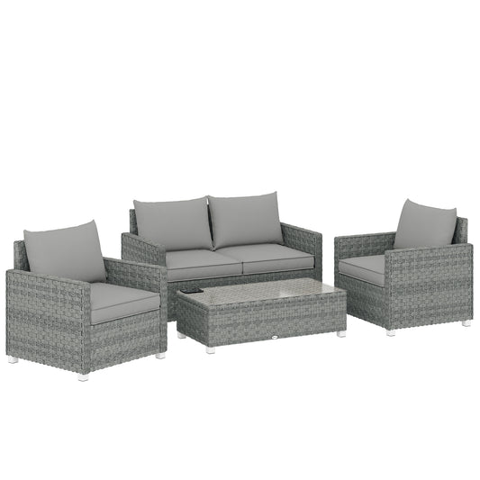 4 Piece Rattan Garden Furniture Set with Loveseat, 2 Armchairs, Glass-Top Table, Wicker Patio Conversation Set, Grey