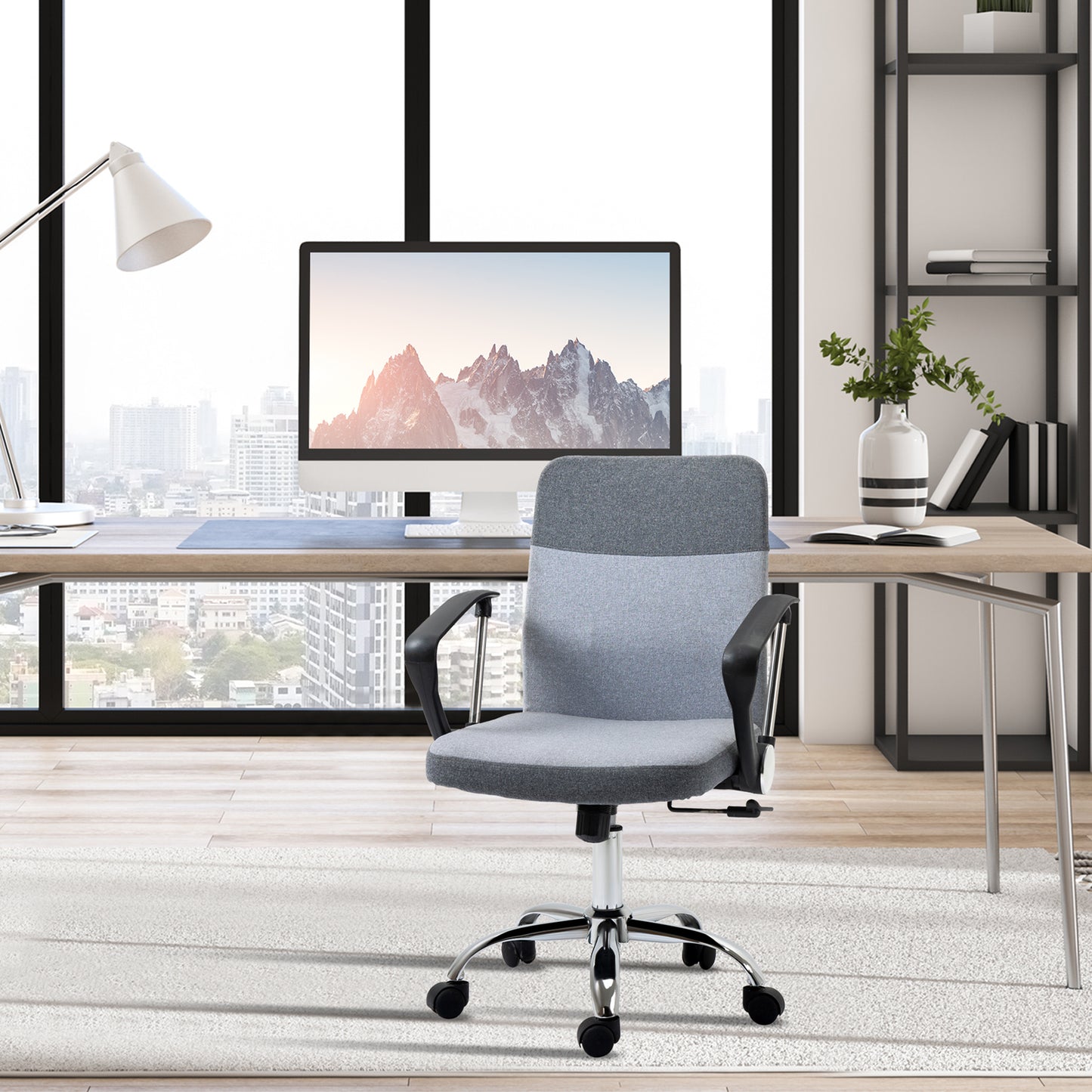Office Chair Linen Fabric Swivel Computer Desk Chair Home Study Adjustable Chair with Wheels, Grey