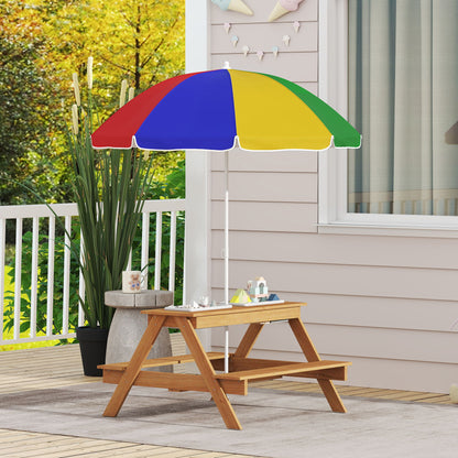 Kids Picnic Table, Sand and Water Table with Wooden Benches, Adjustable Parasol and Storage Bins, Multicolour