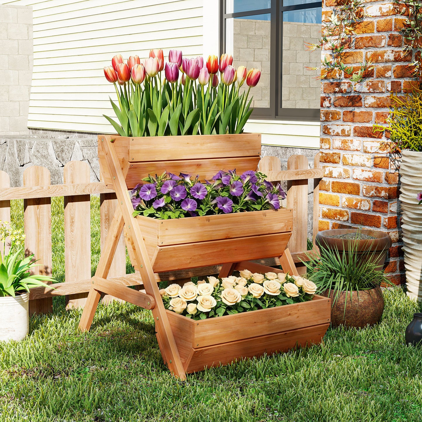 3 Tier Raised Garden Bed Wooden Elevated Planter Box Kit, 66L for Flower, Vegetable, Herb, 65x75x78cm, Brown