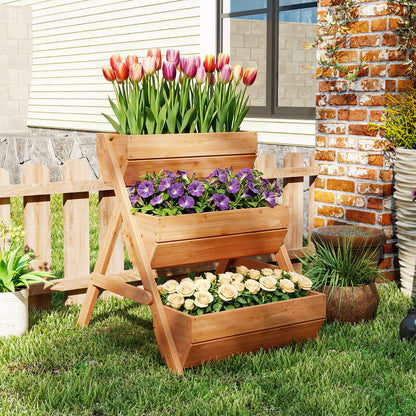 3 Tier Raised Garden Bed Wooden Elevated Planter Box Kit, 66L for Flower, Vegetable, Herb, 65x75x78cm, Brown