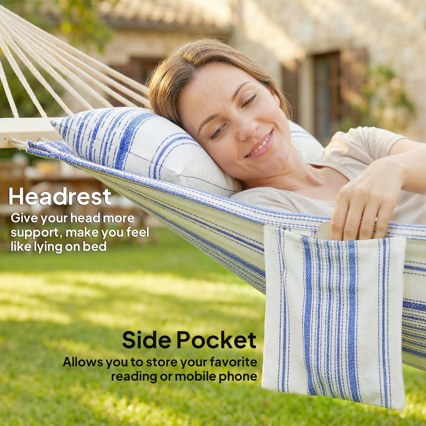 Cotton Hammock, Soft Portable Swing Sleeping w/ Headrest & Side Pocket, Blue and White